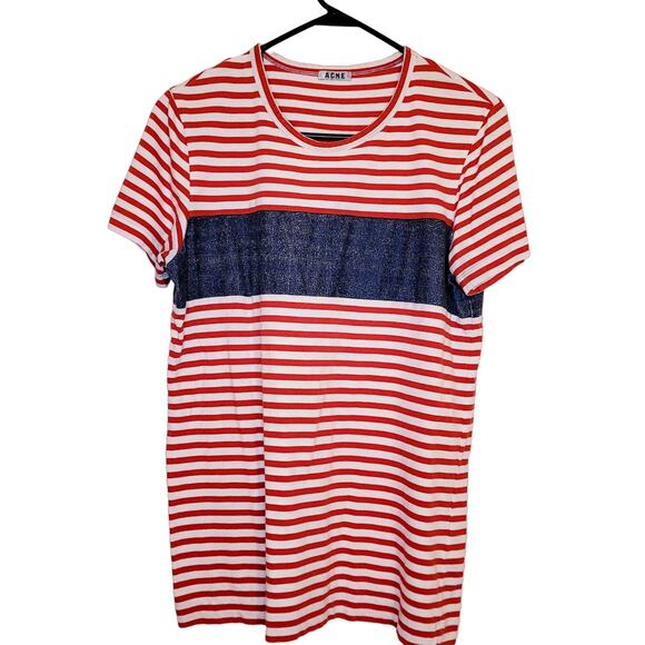Acne mens red white and blue striped short sleeved round neck t-shirt Size small - Picture 1 of 10